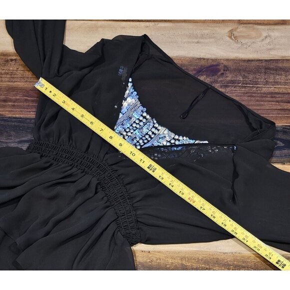 Alex Evenings Sheer Blouse Sliver Sequin Cami Elastic Waist & Cuffs Black Large - Picture 2 of 6